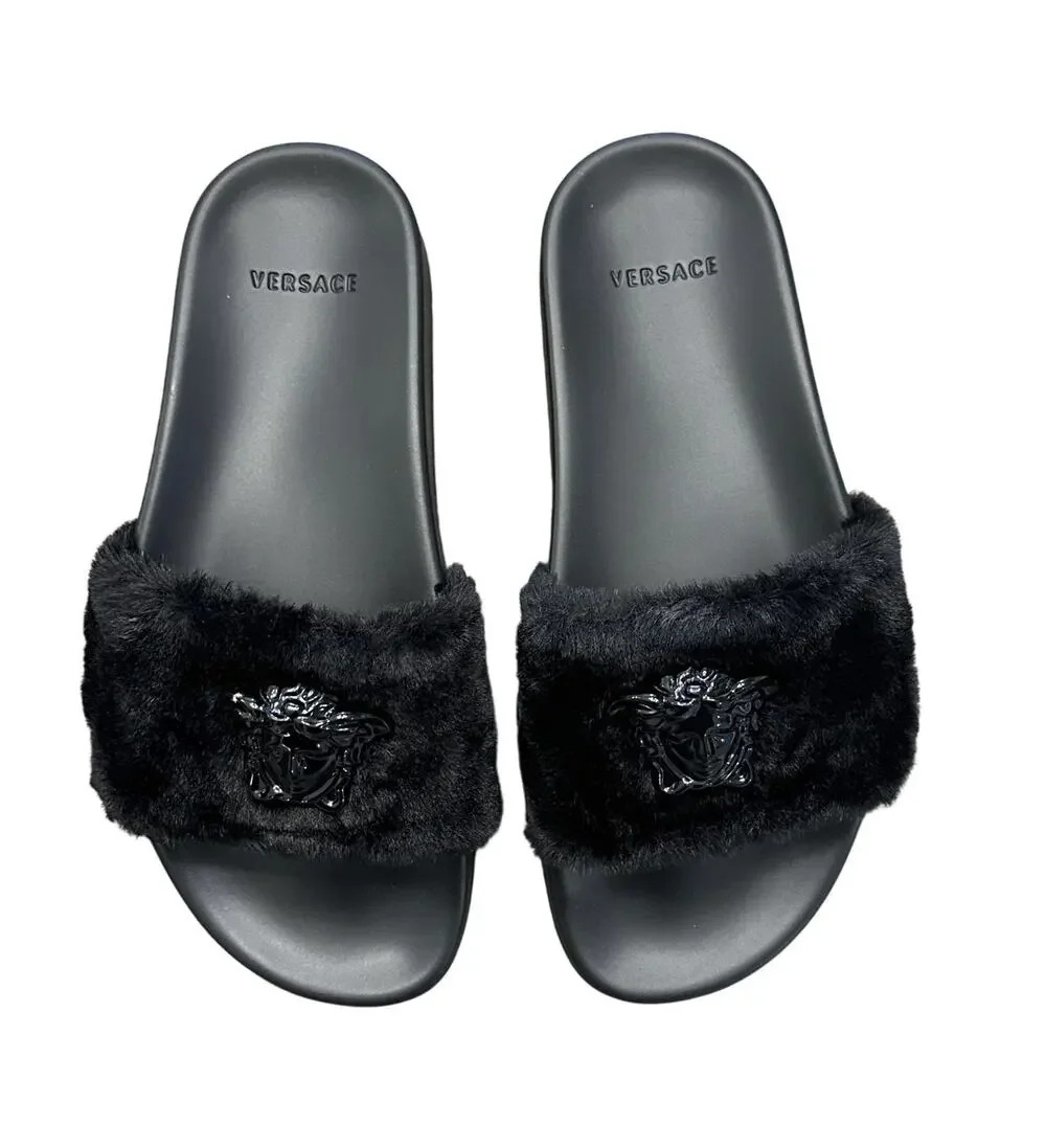 VERSACE NIB La Medusa Medusa Black Faux Fur Rubber Pool Slides Sandals 39.5