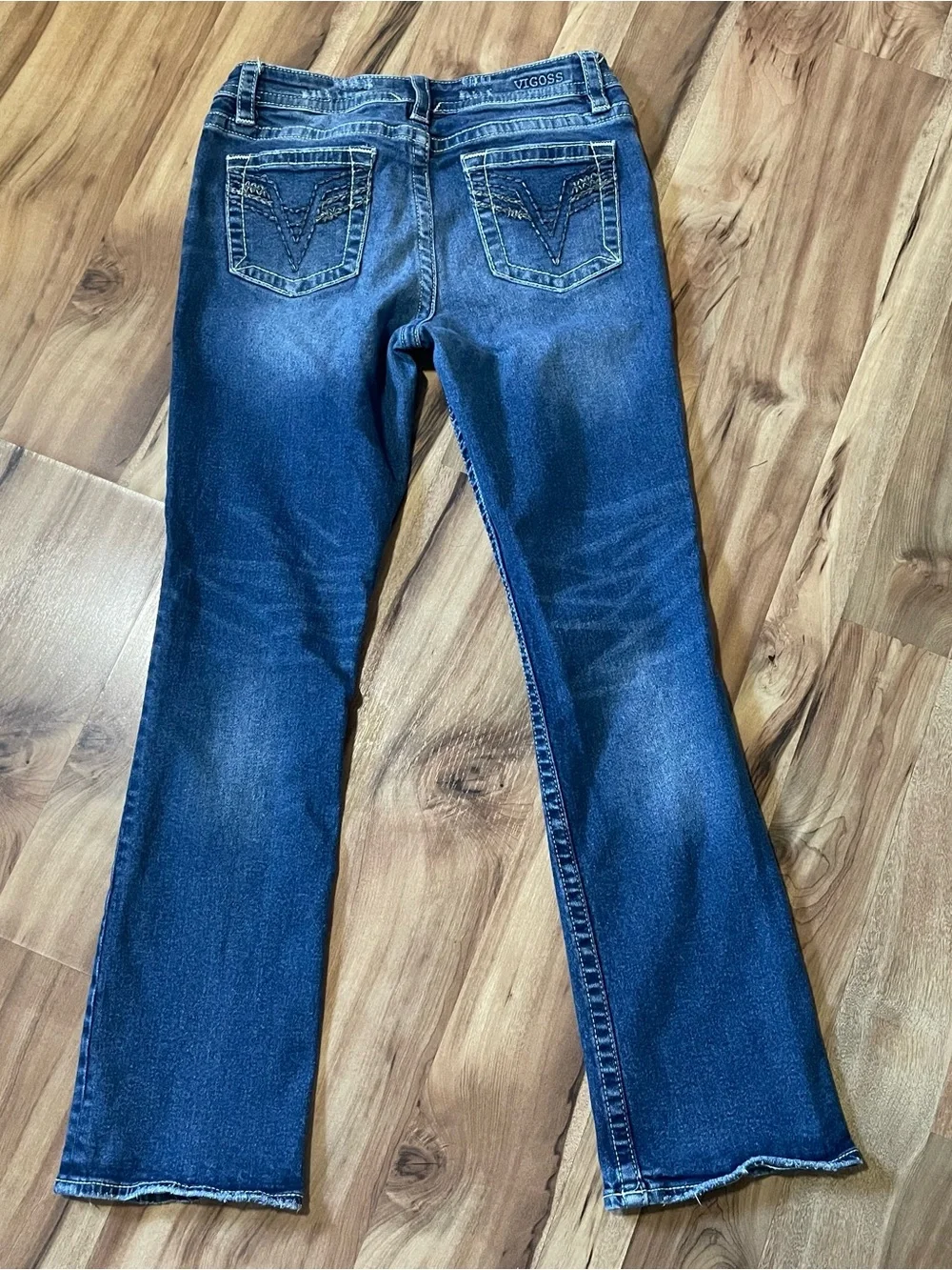 Vigoss Slim Bootcut Jeans Blue Distressed Whiskered Embroidered  V-Pocket Size 8