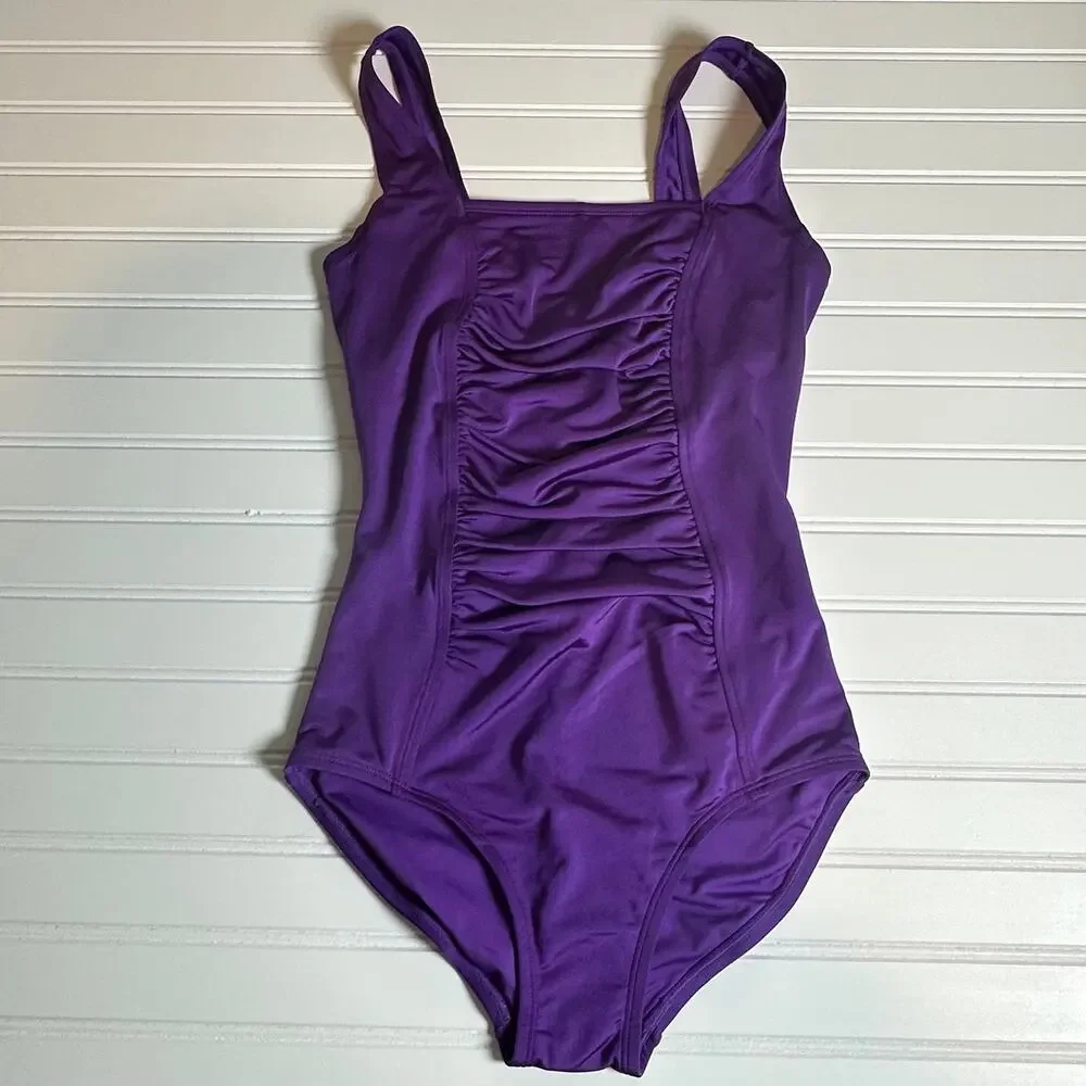 Women Purple One Piece Swimsuit Ruched Front Full Coverage Stretch Size M