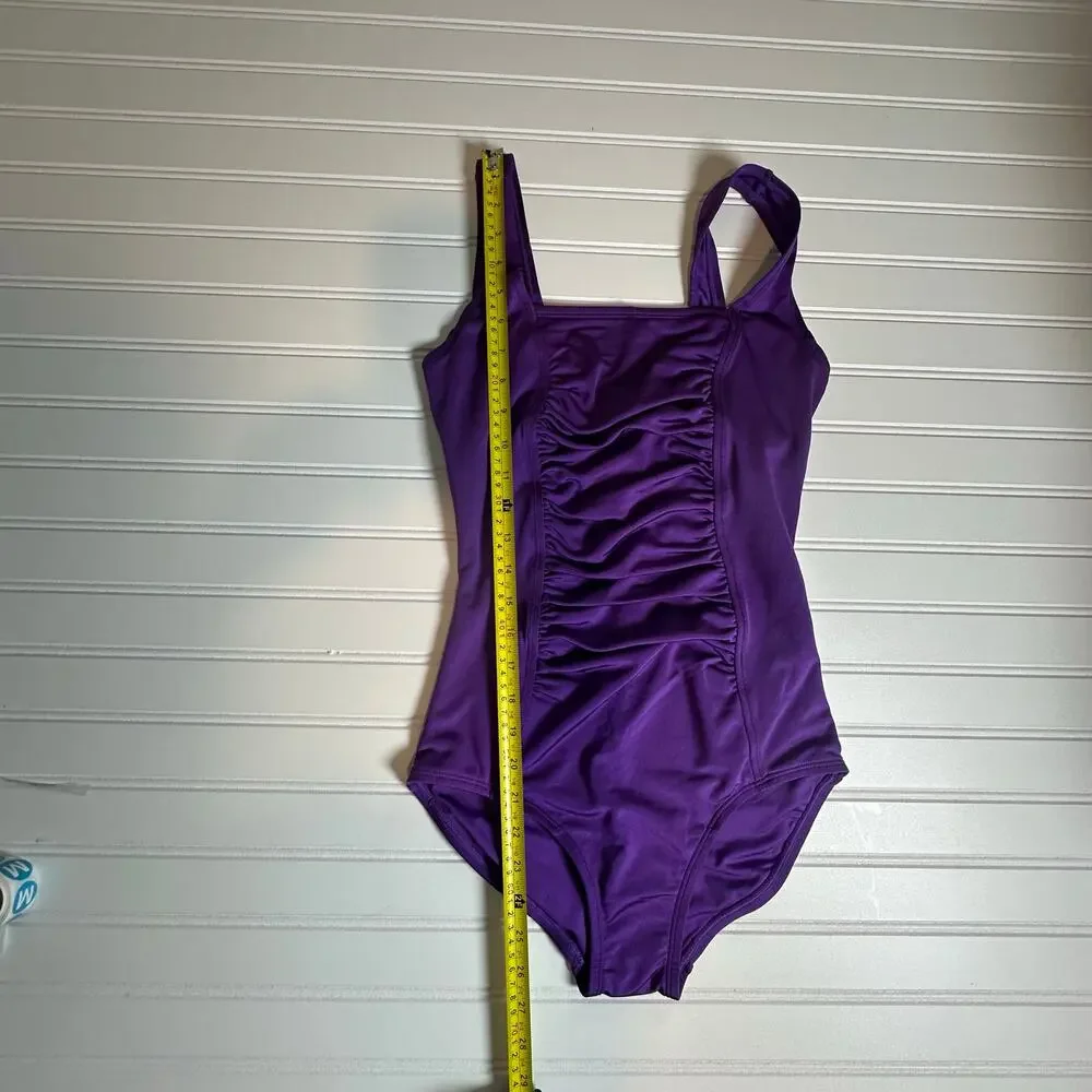 Women Purple One Piece Swimsuit Ruched Front Full Coverage Stretch Size M