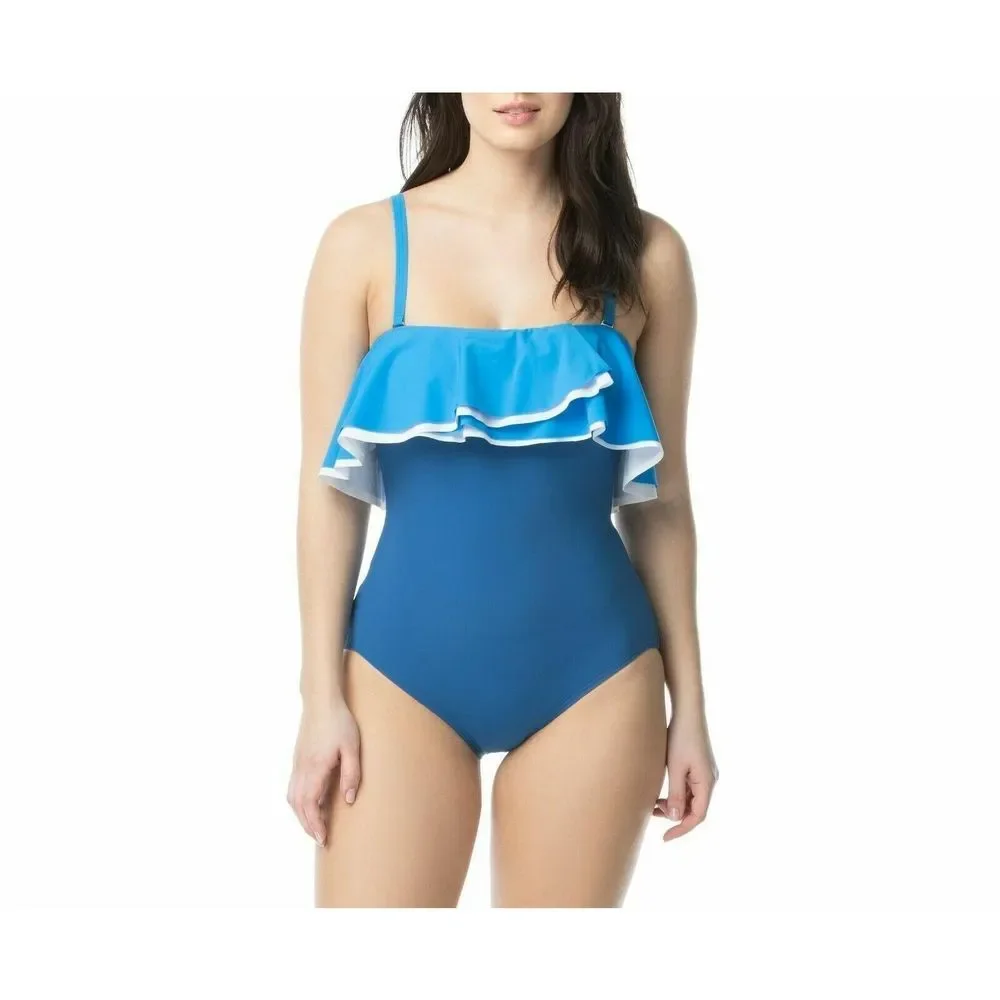New Coco Reef Contours Agate Ruffle Bandeau One-Piece Swimsuit Size 12 36C