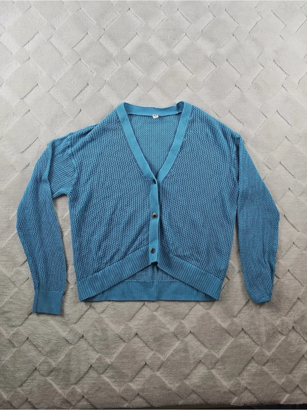 Uniqlo Open Knit Cardigan Sweater Womens Medium Blue Button Up Oversized