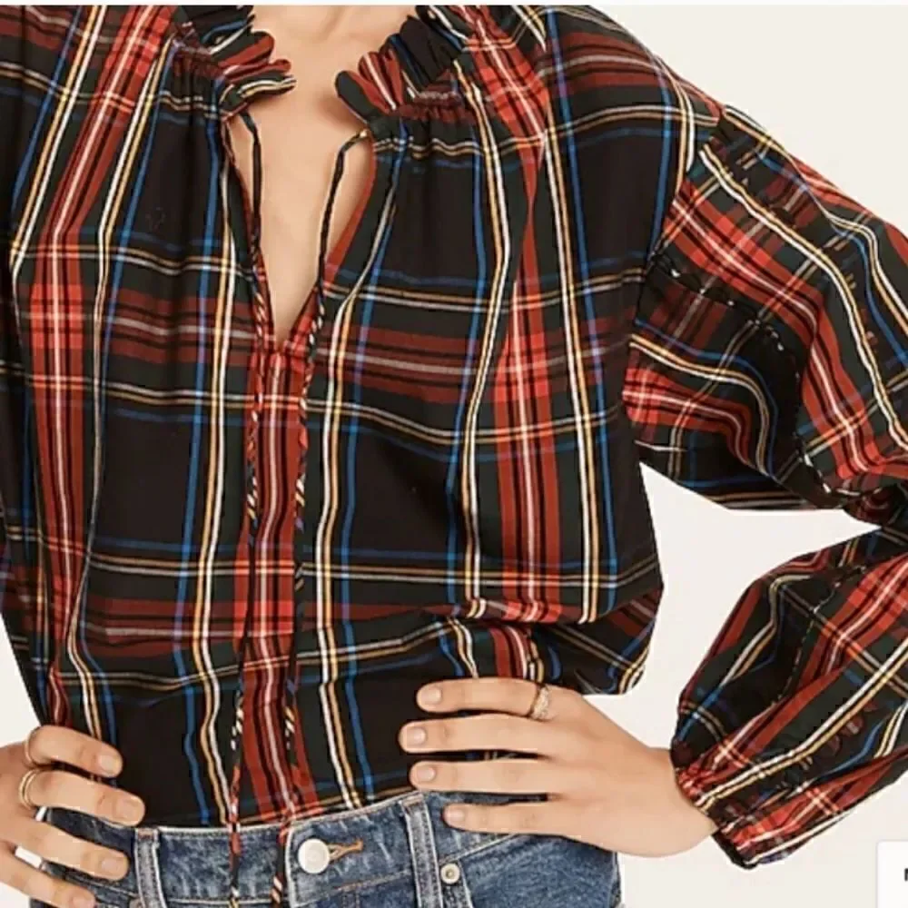 J CREW Tartan Plaid Cotton Ruffleneck Blouse Sz XSMALL NWT