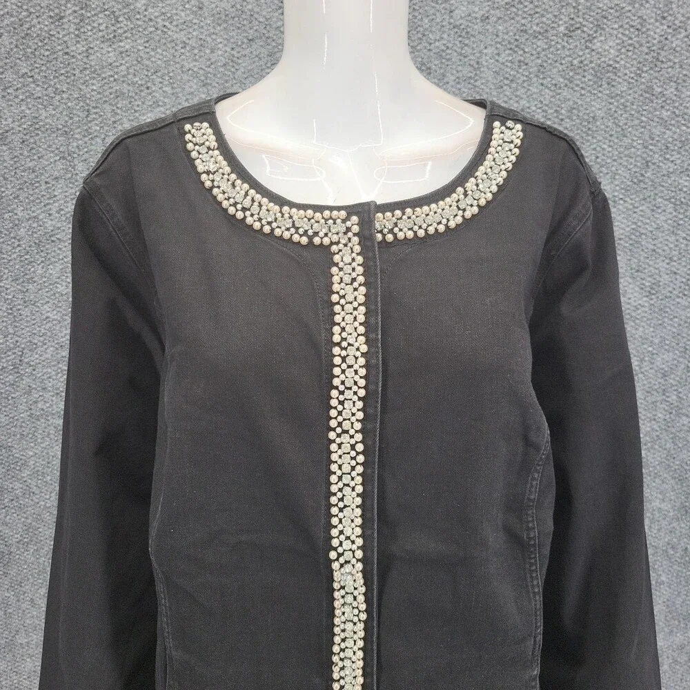 Susan Graver Womens Trendy Snap Front Jacket with Pearl Trim 3X Plus Size Black