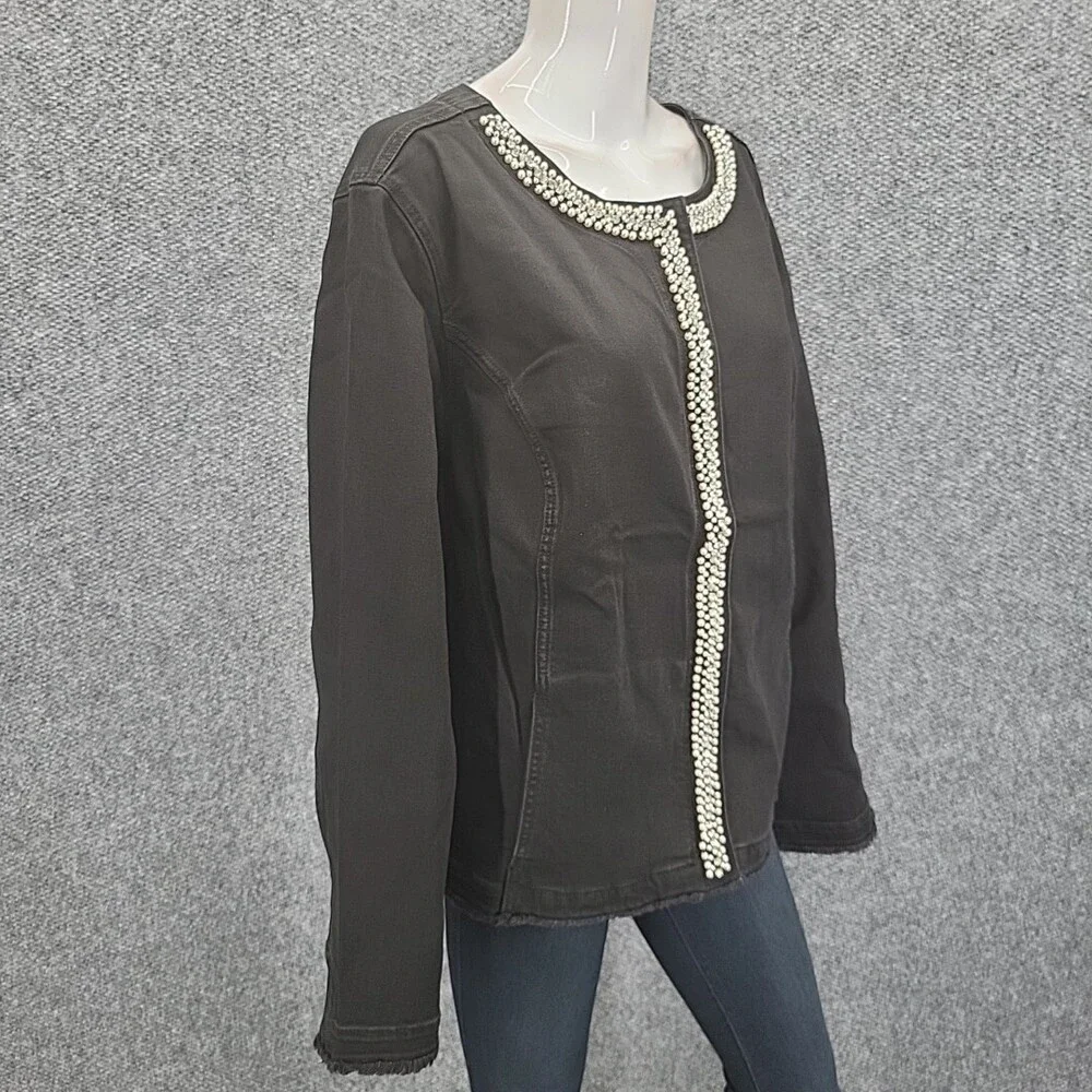 Susan Graver Womens Trendy Snap Front Jacket with Pearl Trim 3X Plus Size Black