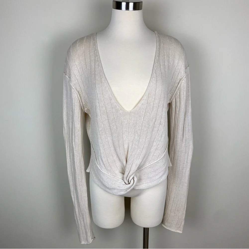 Free People Got Me Twisted Sweater Beige Sz S Front Knot Linen Blend Long Sleeve