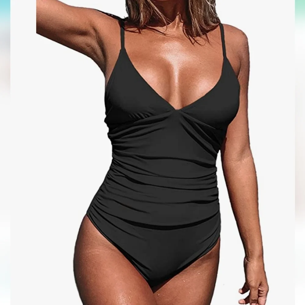 Sexy black one‎ piece v neck adjustable straps shirring hides tummy SZ M black