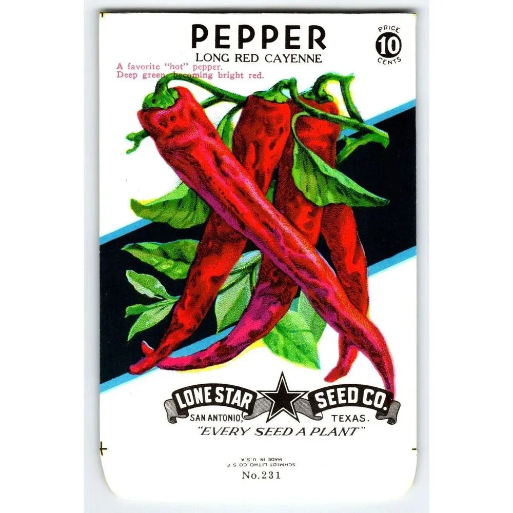 Long Red Cayenne Pepper Seed Packet EMPTY Vintage Lone Star 1940's Original