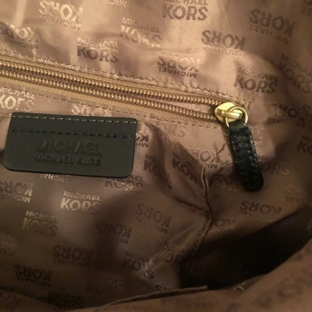 Michael kors brown monogram tote bag with blue leather trim