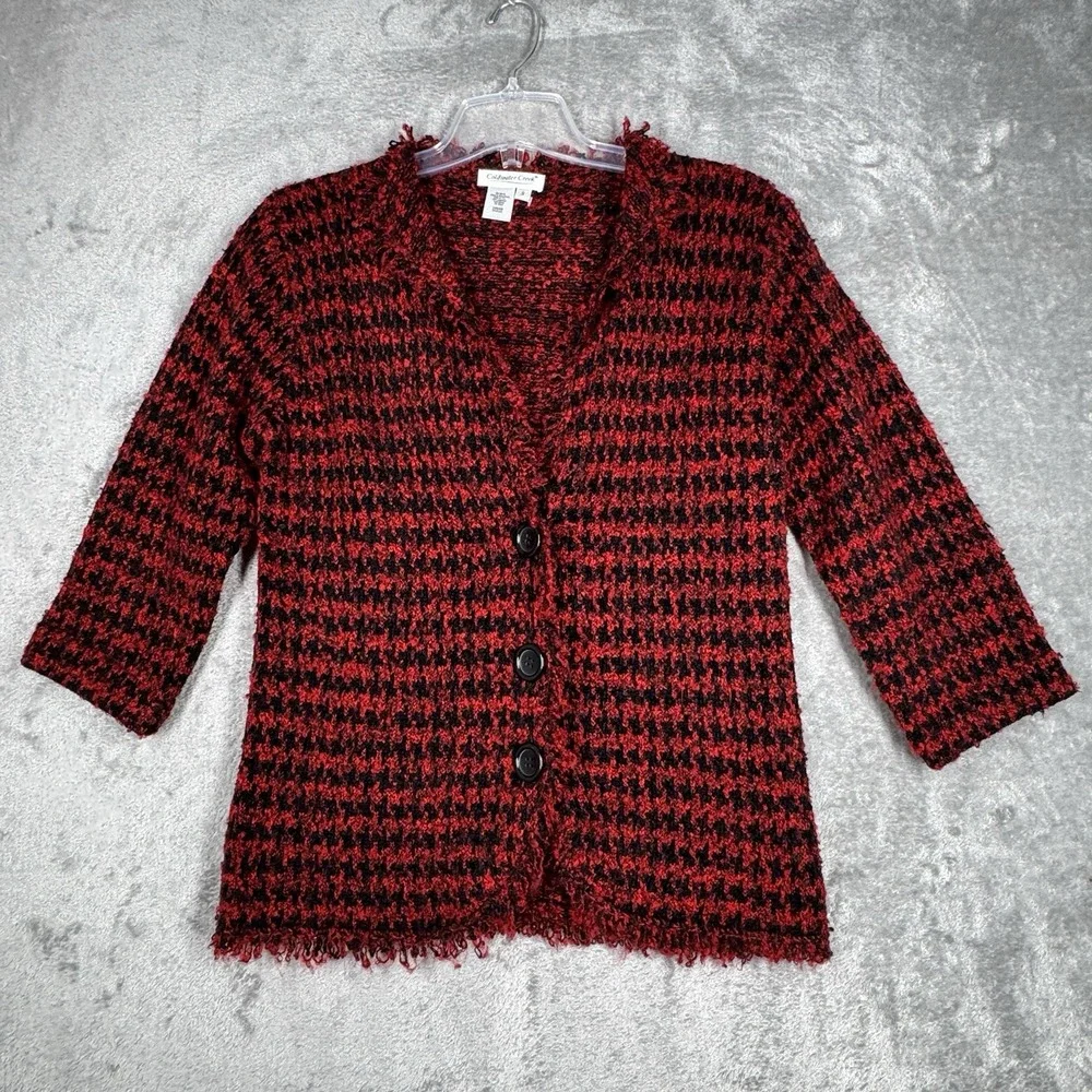 Coldwater Creek Sweater Women Small‎ Red Black Marled Fringe Cardigan Preppy