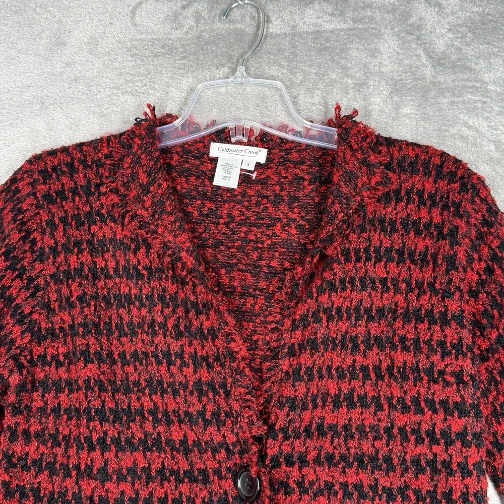 Coldwater Creek Sweater Women Small‎ Red Black Marled Fringe Cardigan Preppy