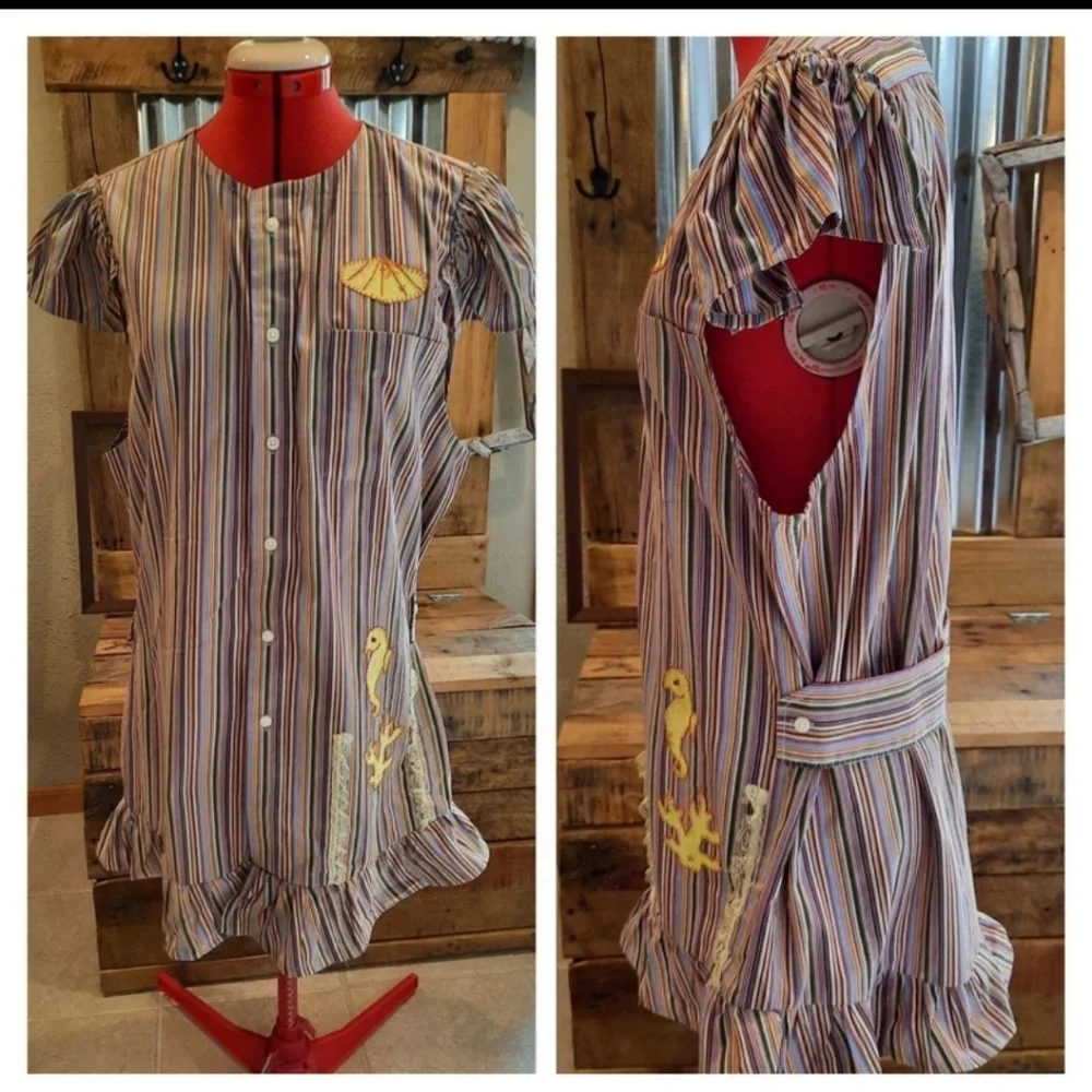 Striped swim coverup M upcycled mens shirt seahorse coral appliques