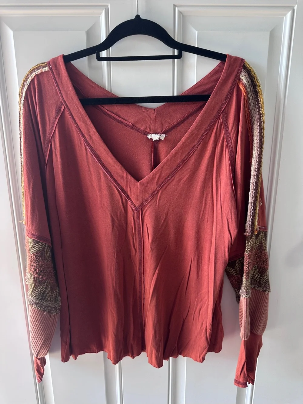 POL Rust V-Neck Long Sleeve Top with Embellished Shoulders