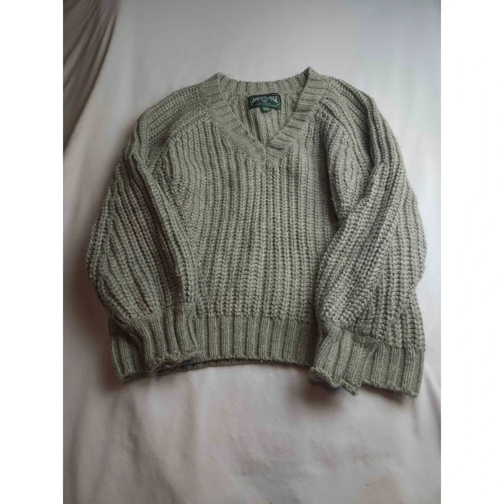 American Eagle Sweater Womens Medium Green V-Neck Knit Pullover Textured Chunky