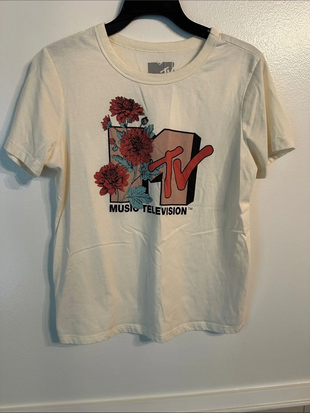 MTV Cream Tee with Red Floral Logo
