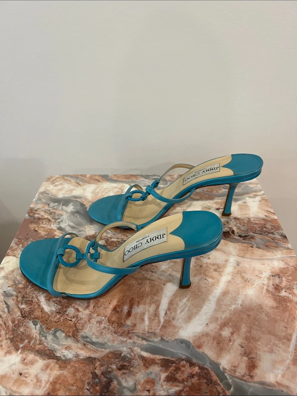Jimmy Choo Teal Ring-Detail Leather Heeled Sandals