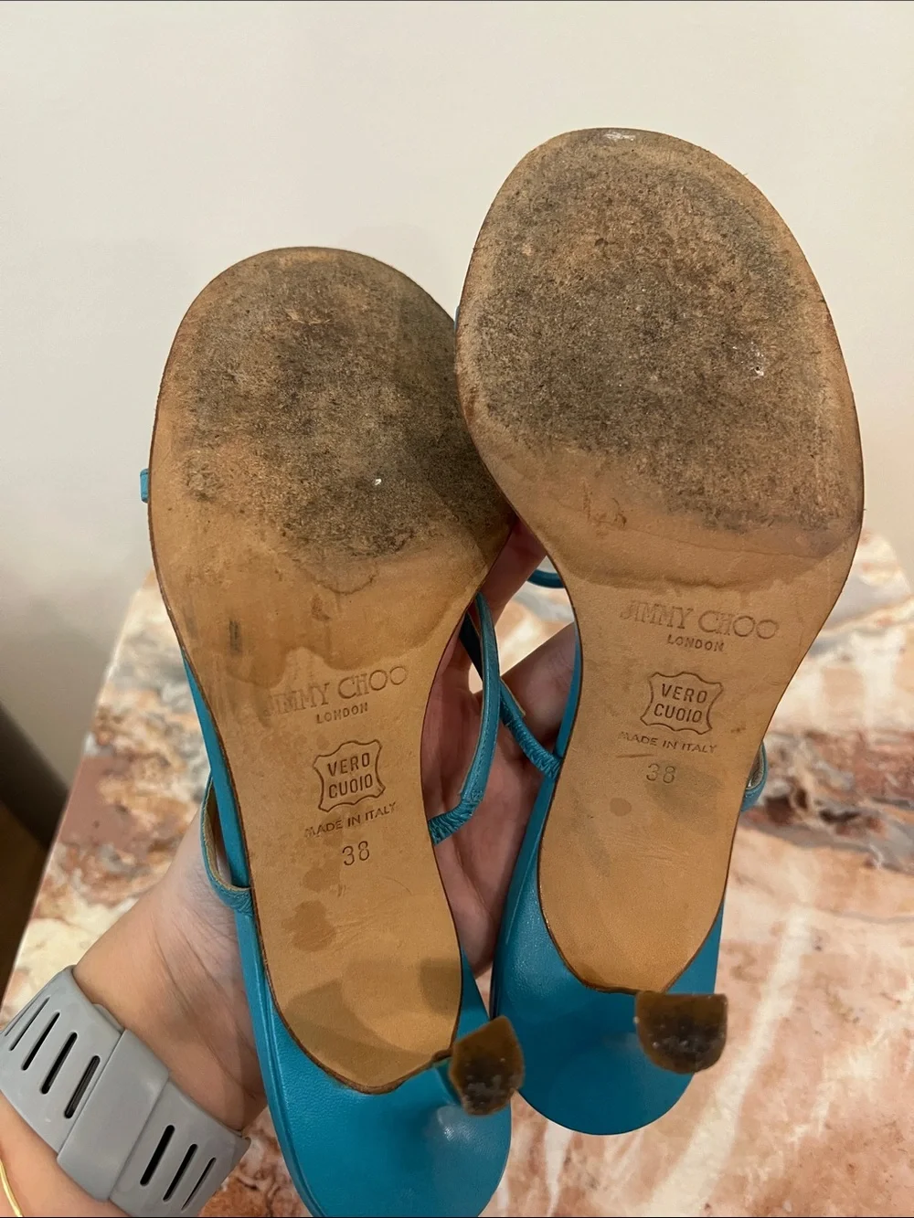 Jimmy Choo Teal Ring-Detail Leather Heeled Sandals