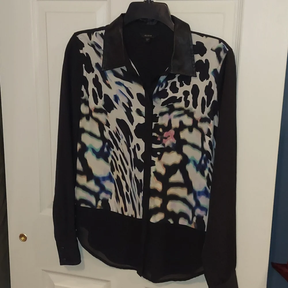 Vintage Guess Sheer Top Animal Print with Faux Leather Collar Medium