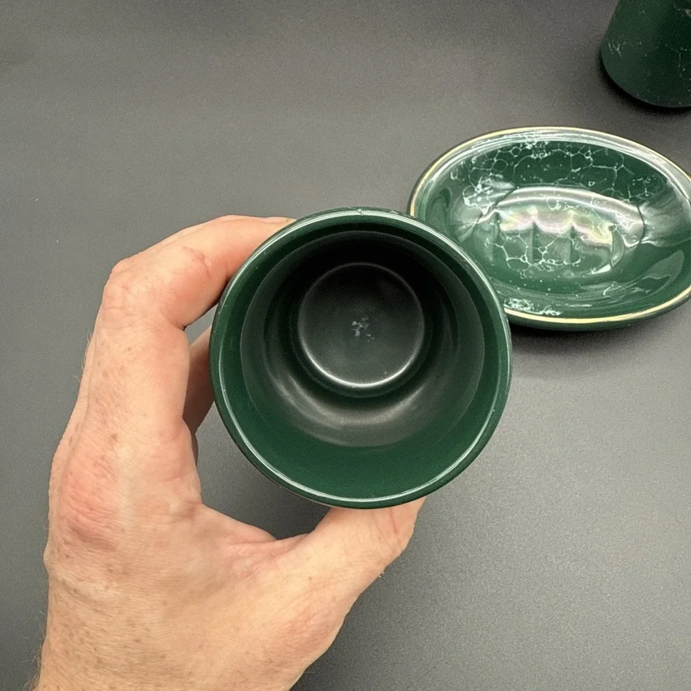 Green Marble Soap Dish Tumbler Toothbrush Holder Bathroom Set Vintage Gold Rim‎