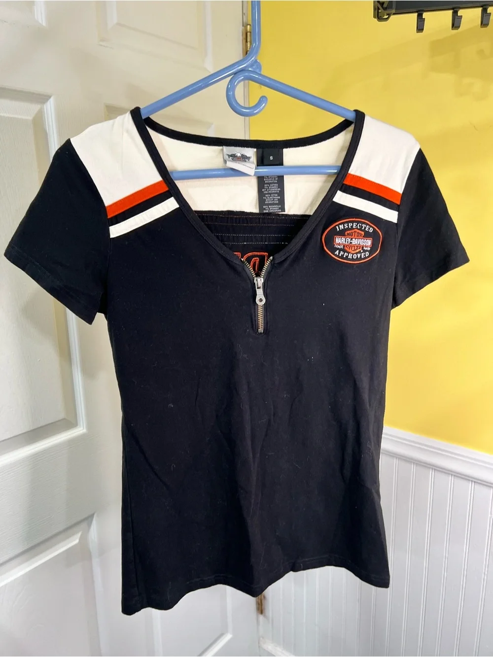 Harley-Davidson Black Short-Sleeve Zip V-Neck Tee with White & Orange Accents