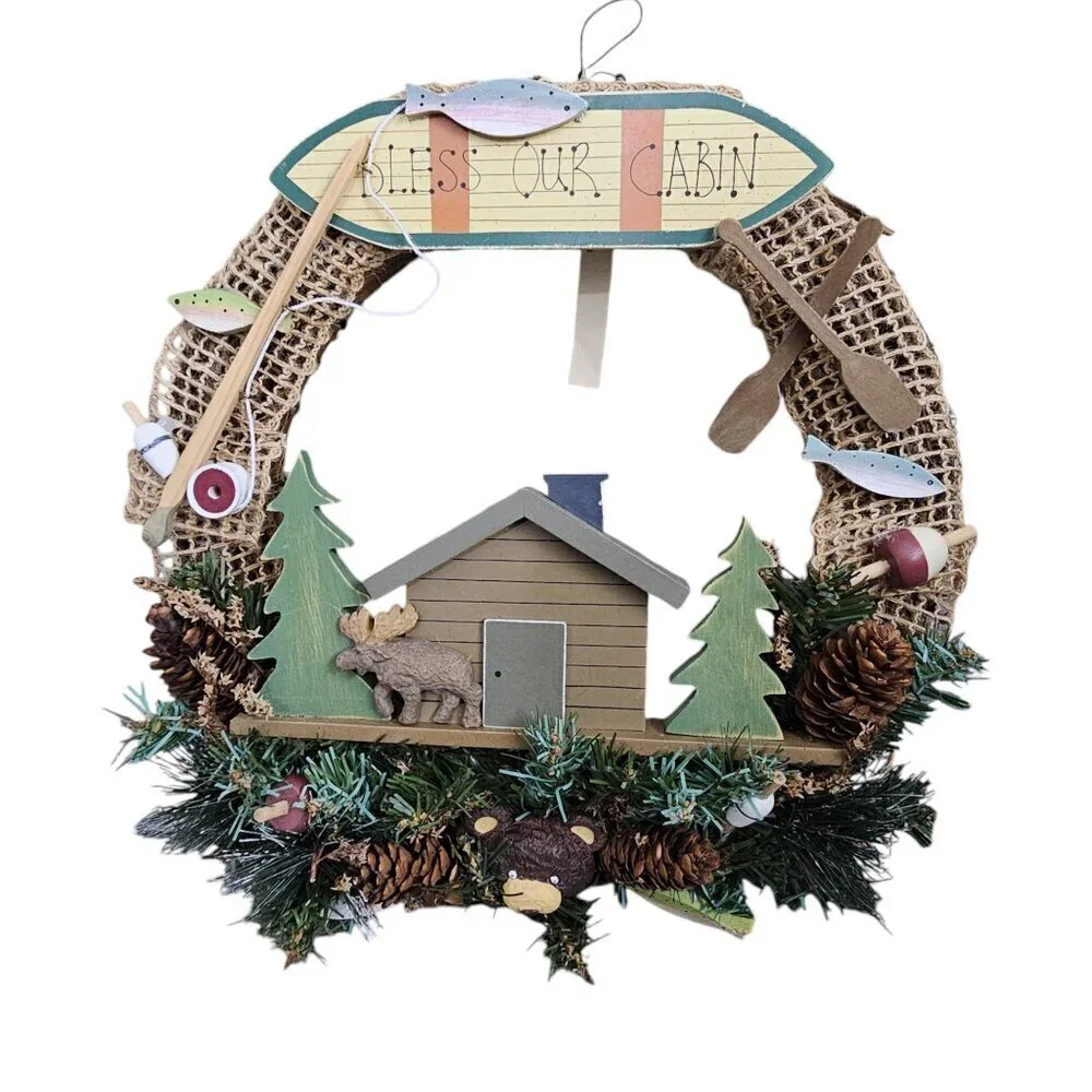 LTD Bless Our Cabin Bear Moose Fishing Woods Rustic Wreath NEW