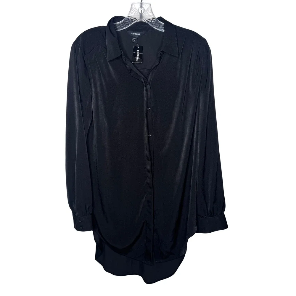 EXPRESS Black Satin Button Down Shirt‎ Tunic Top Long Sleeve Women's Size M