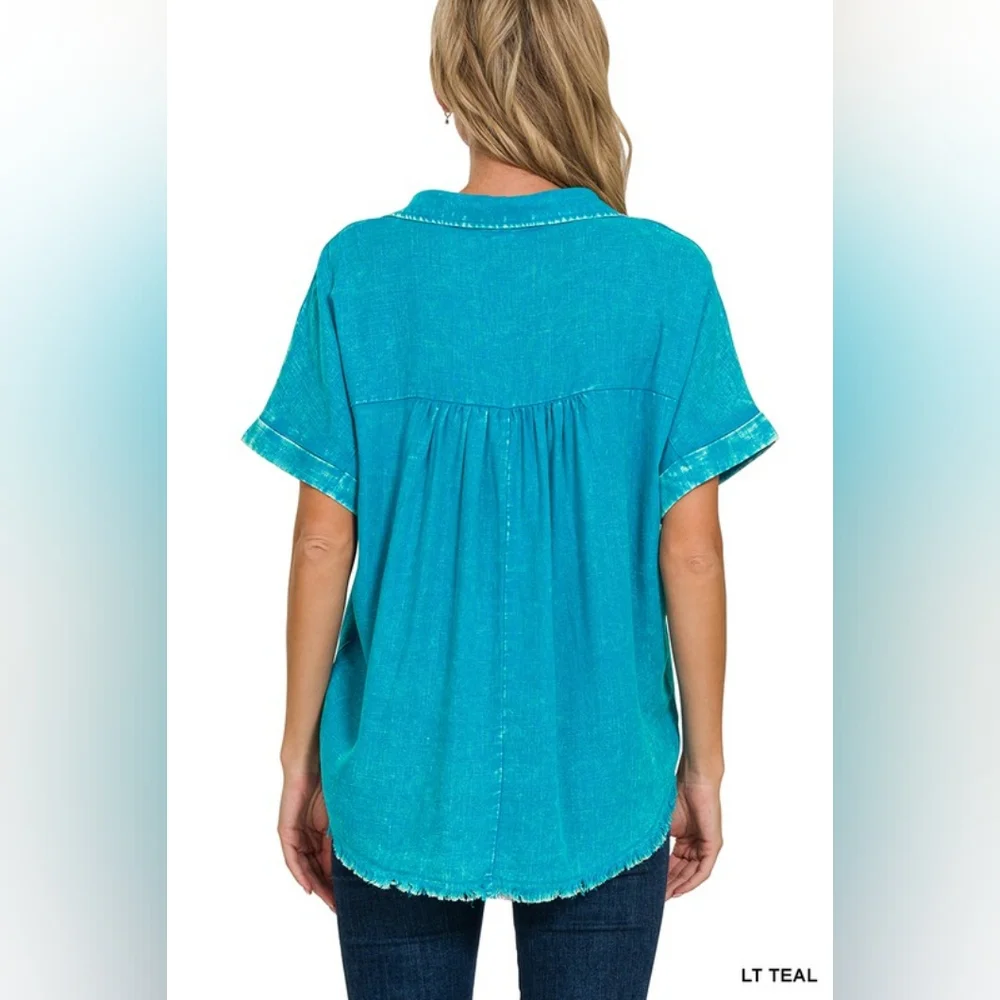 NWT - Washed Linen Blend Raw Edge V-Neck Light Teal Shirt  - Size XL
