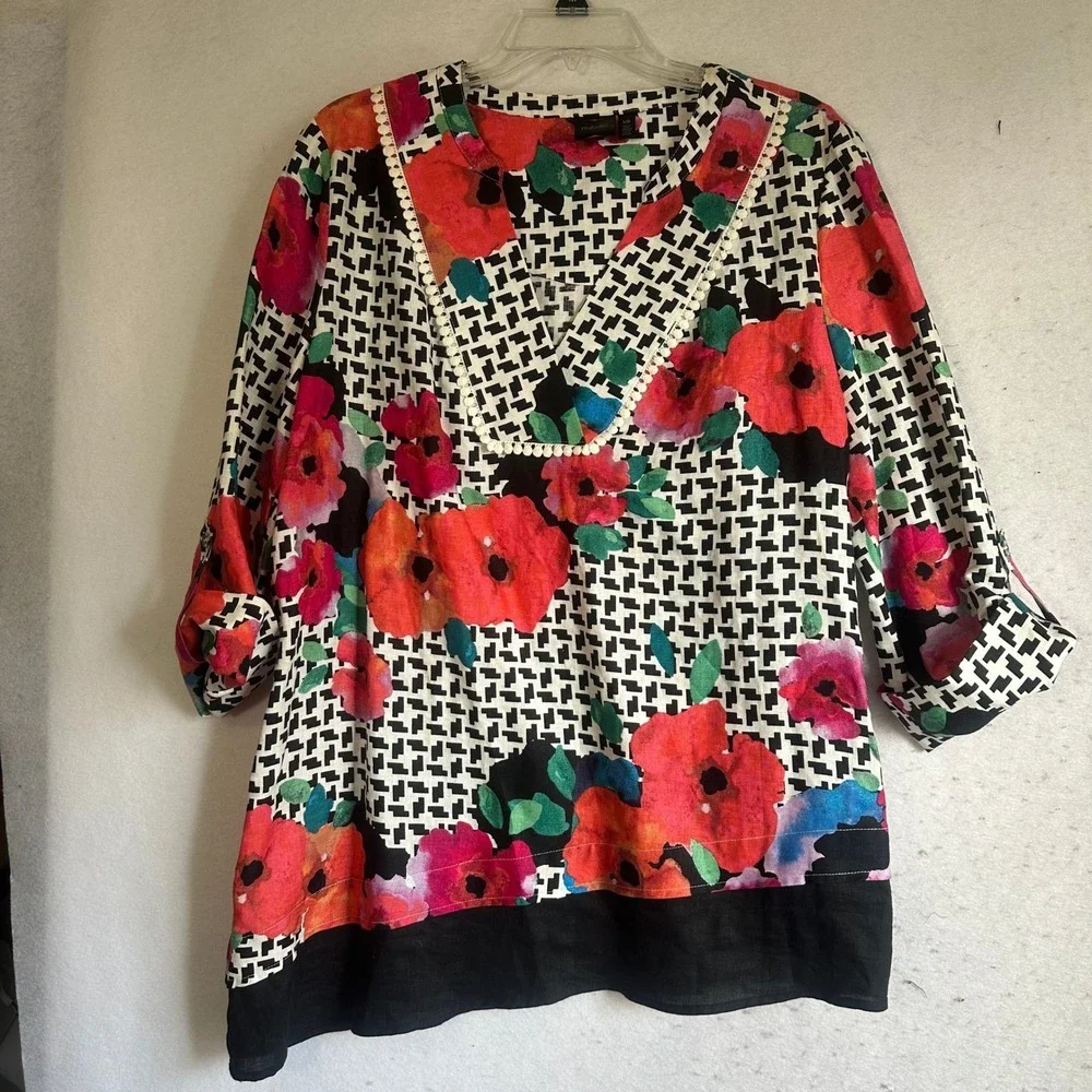 Rafaella 100% Linen Tunic Top Large Floral Houndstooth Pom Trim Roll Tab V-Neck