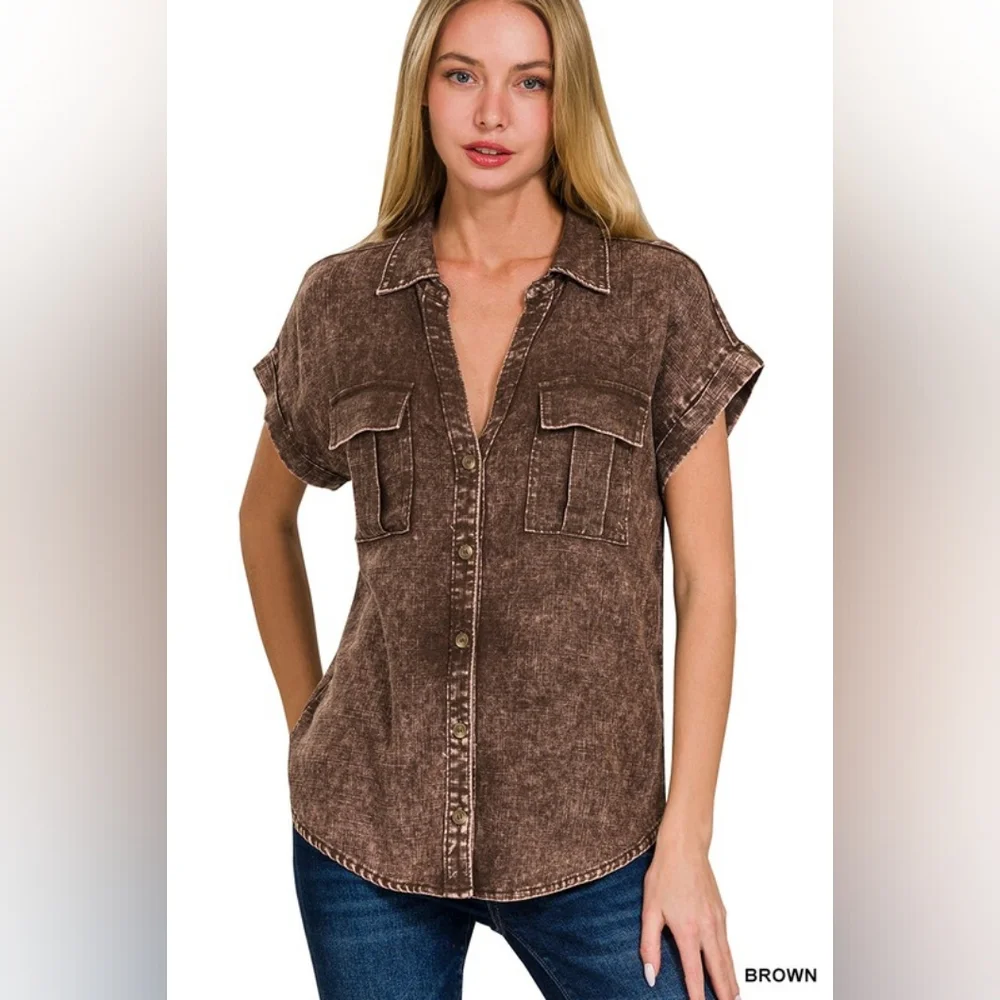 NWT - Linen Blend Acid Washed Button-Down Batwing Sleeve Brown Shirt - S
