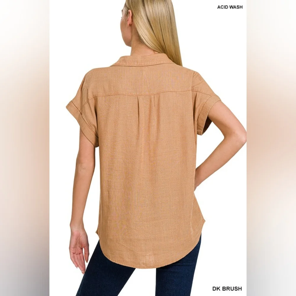 NWT - Linen Blend Acid Washed Button-Down Batwing Sleeve Brown Shirt - S
