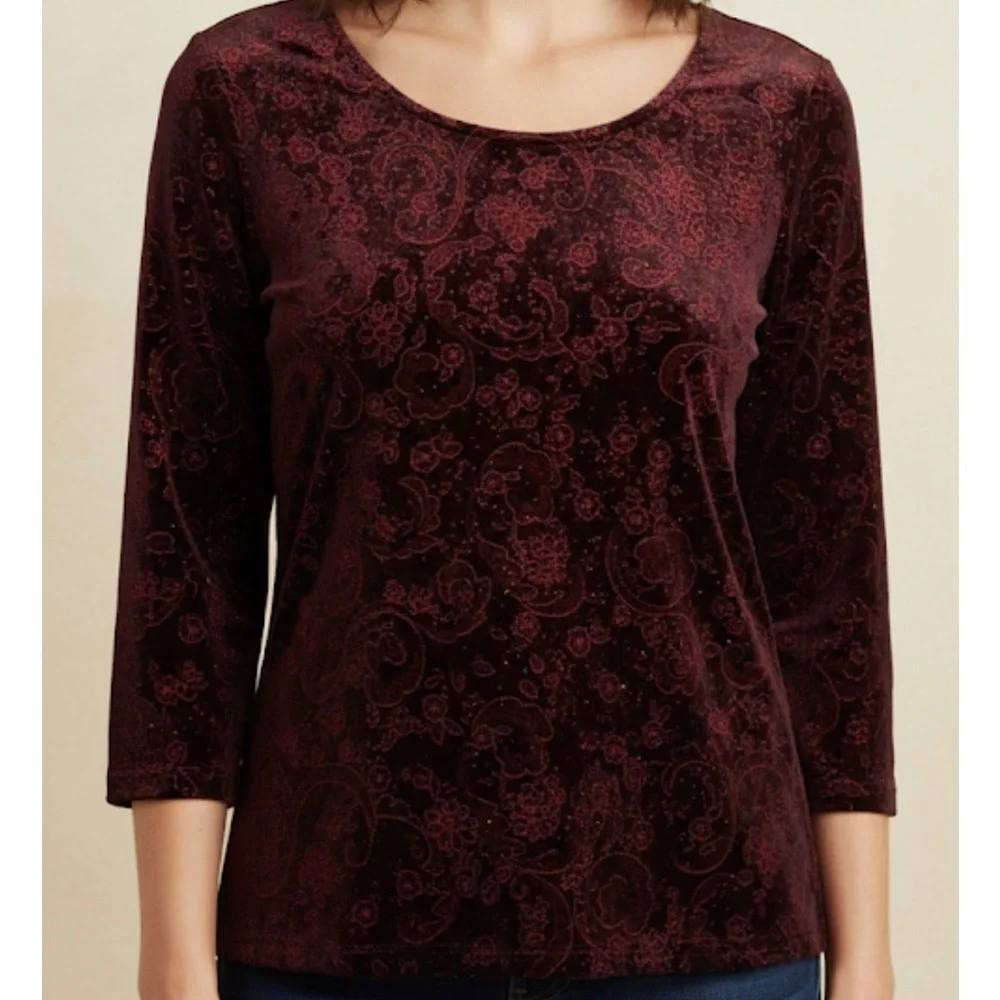 NOTATIONS Glitter Floral 3/4 Sleeve Pullover Velvet Top, Women’s L, Burgundy