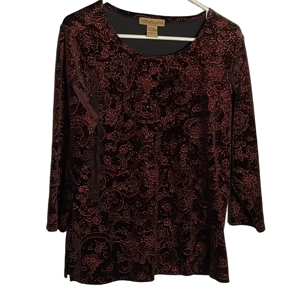 NOTATIONS Glitter Floral 3/4 Sleeve Pullover Velvet Top, Women’s L, Burgundy