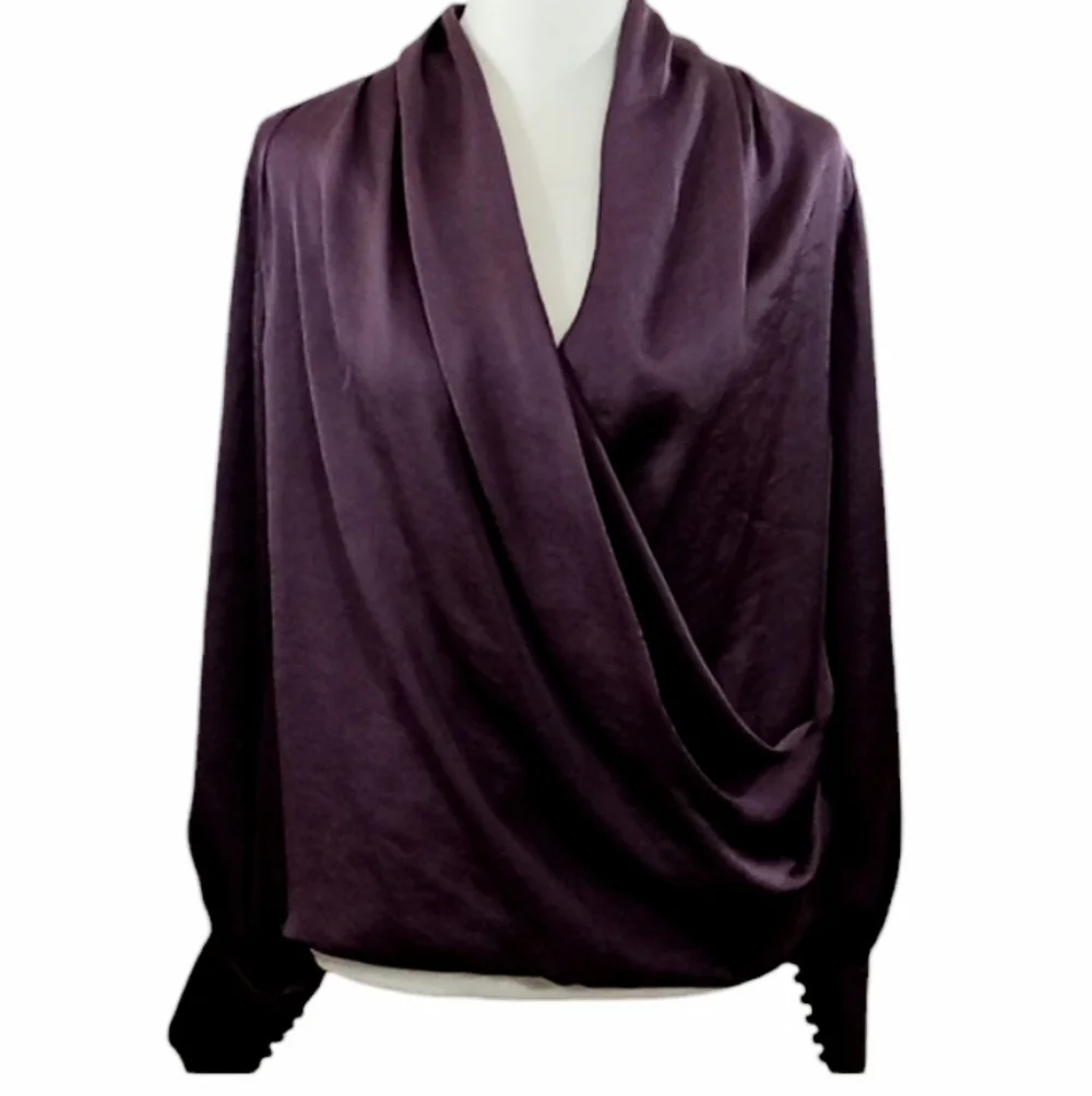 Band Of Gypsies Mon Cheri Plum Satin Faux Wrap Blouse Size XS