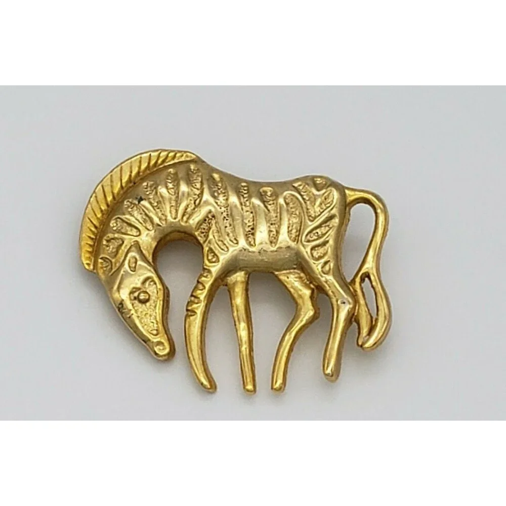 Zebra Animal Figural Brooch Pin Gold Tone Metal Shiny African Safari Vintage