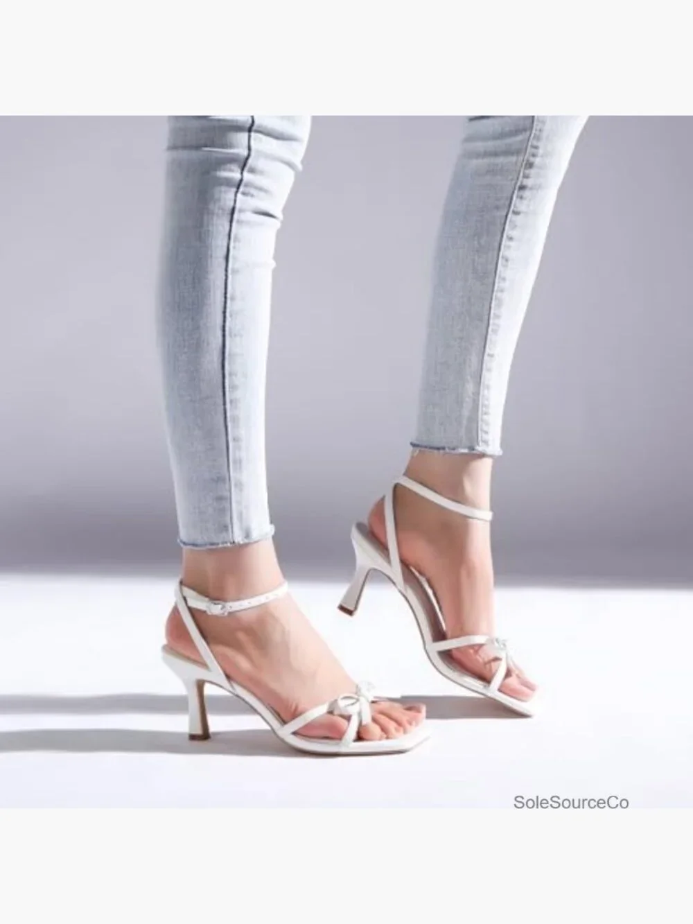Strappy Bow Kitten Heels Square Open Toe Mid Heeled Sandals