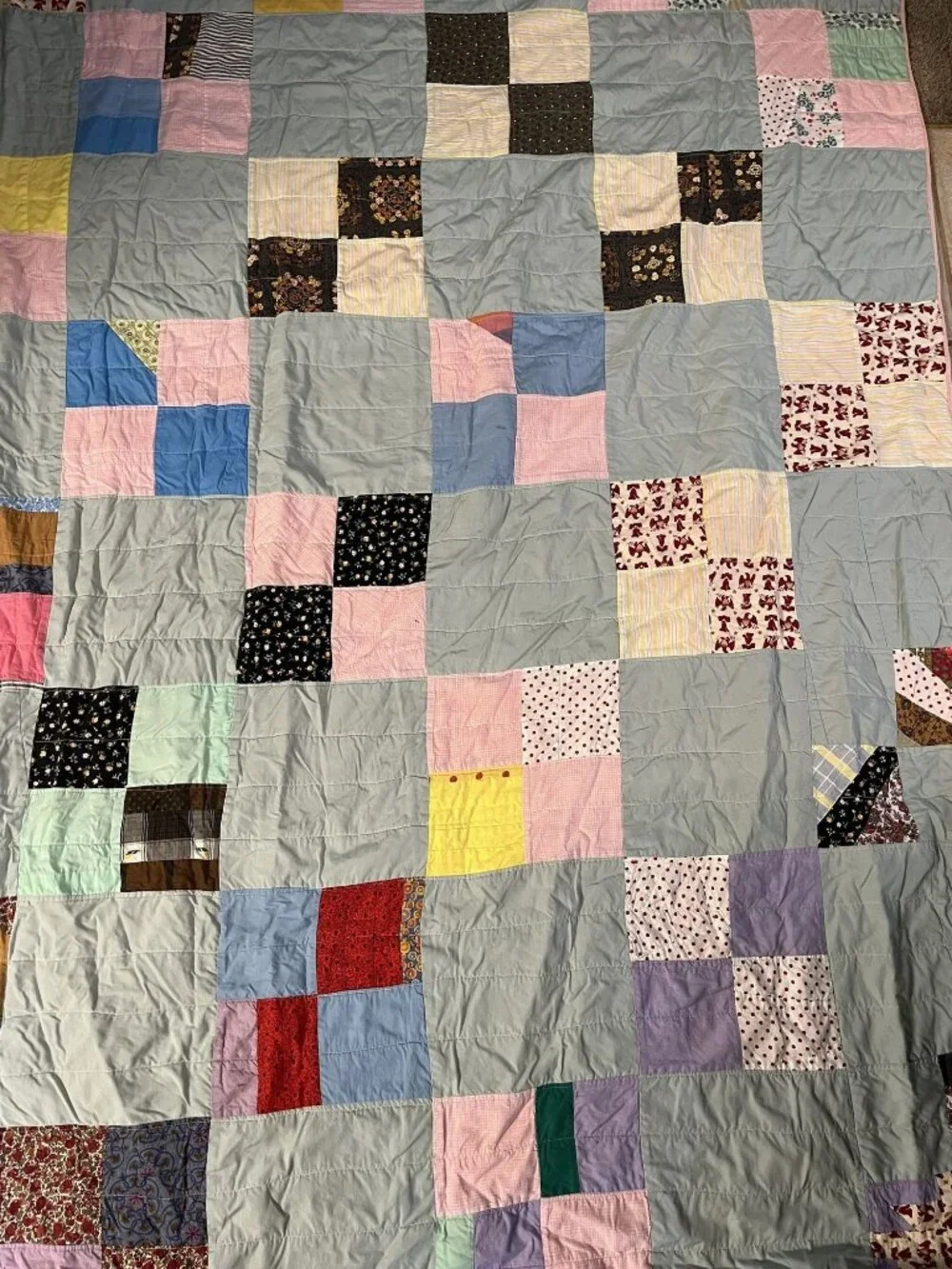 Handmade Vintage Patchwork Quilt With Multi-Color Squares & Pink Trim