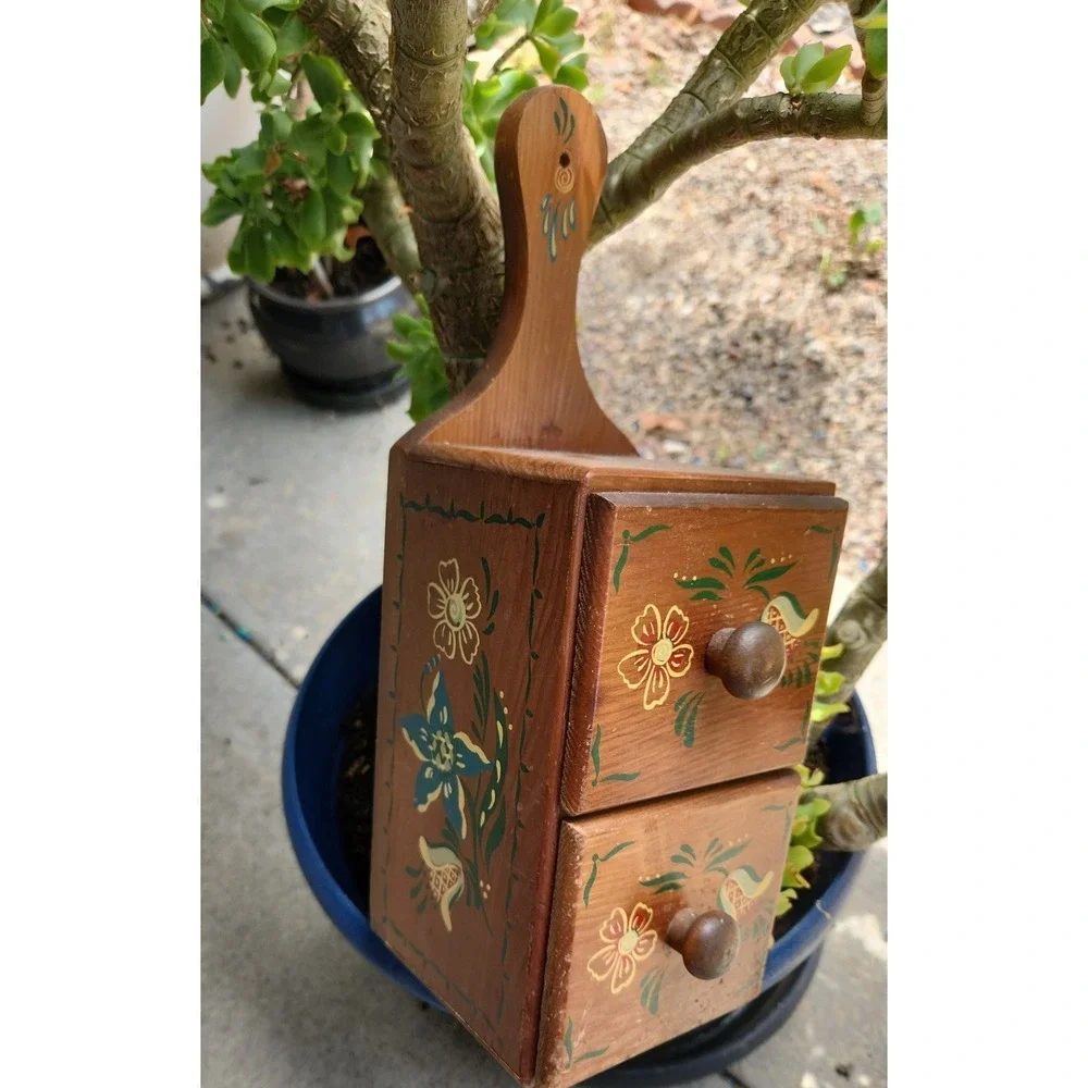 Vtg Folk Art Hand Painted Mini Two Drawer Wood Hanging Shelf A.A. Import Taiwan