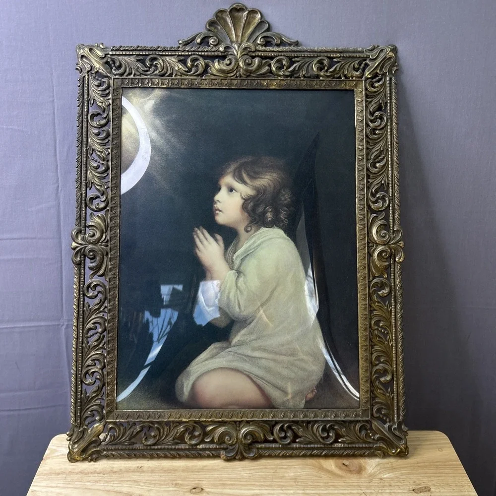 Antique Victorian Convex Glass Praying Child Print Rococo Spelter Frame c1900