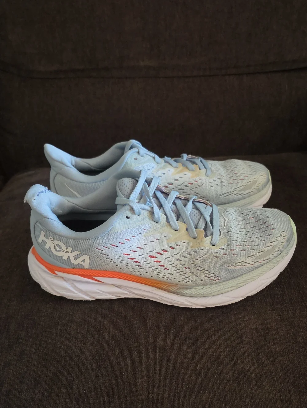 Hoka Clifton 8 Women's Pale Blue Running Shoes with Orange Accent