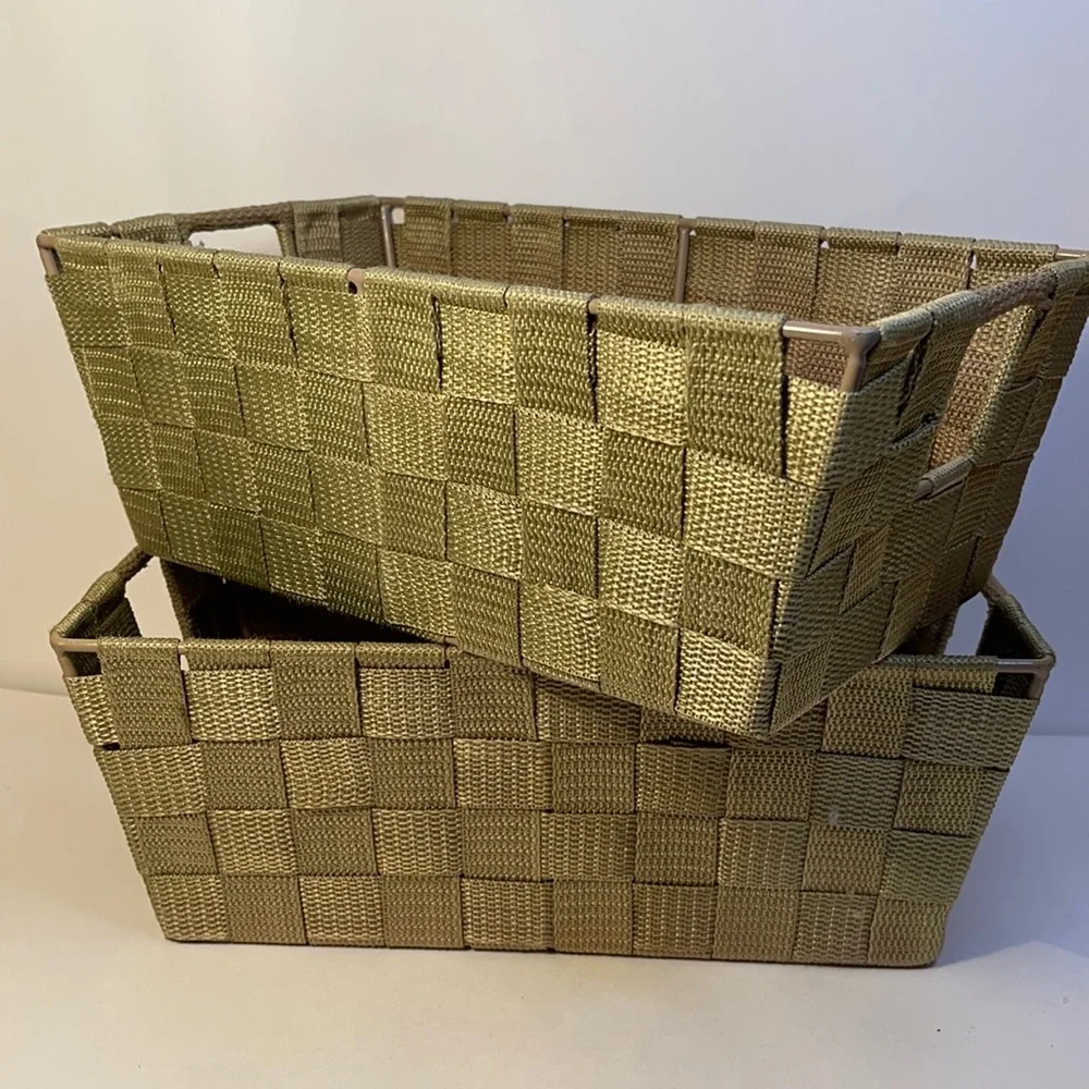 Storage bin set Nesting green canvas strap metal frame basket set