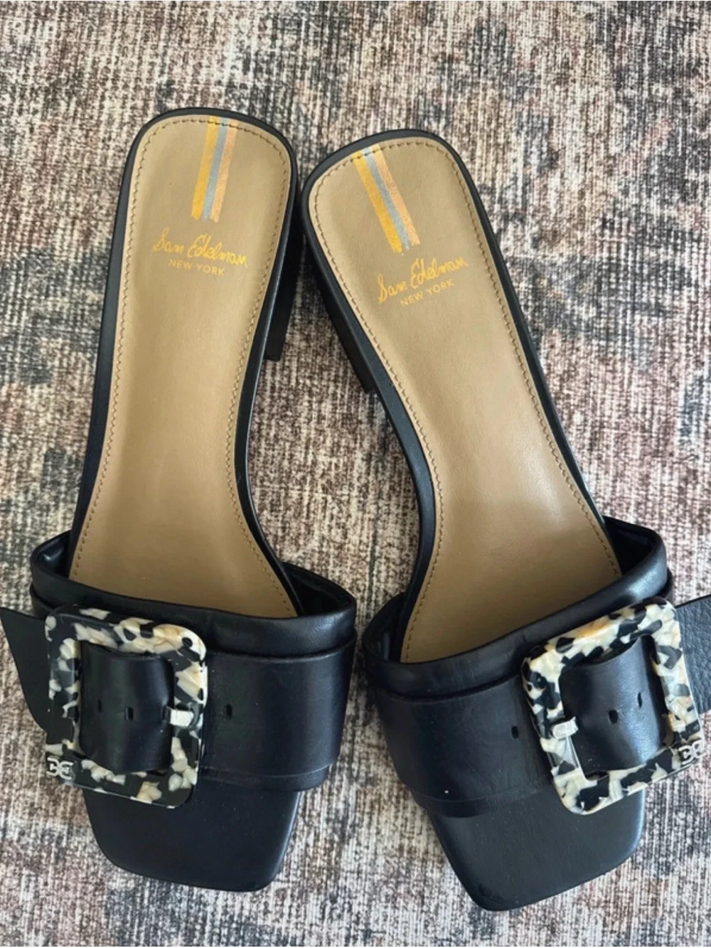 Sam Edelman Deacon Black Leather Slide Mules with Tortoiseshell Buckle