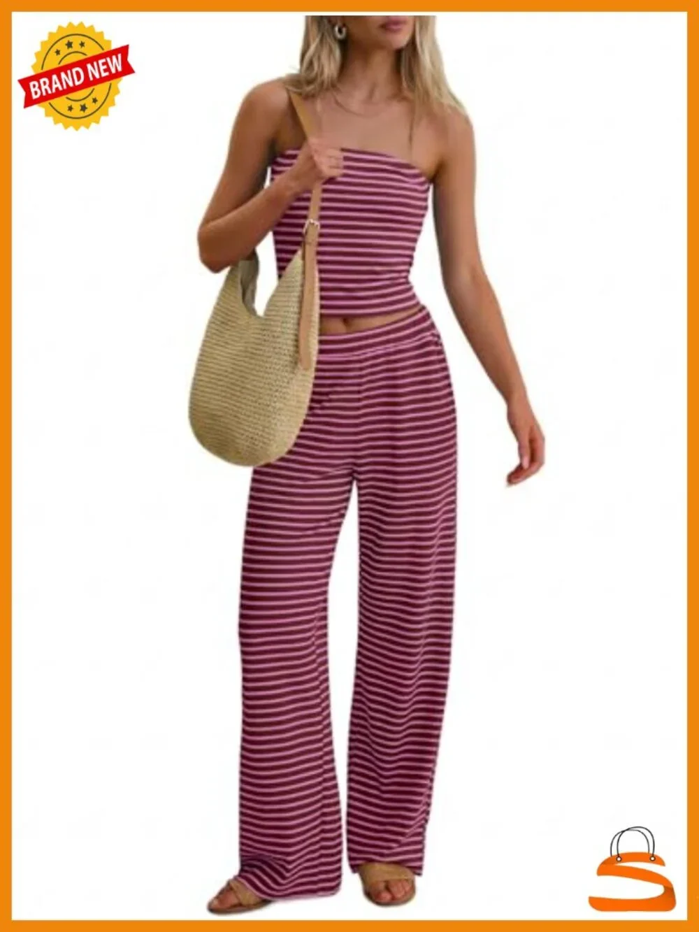 Women 2 Piece Sets Summer Striped Matching Tube Top Wide Leg Lounge Pants
