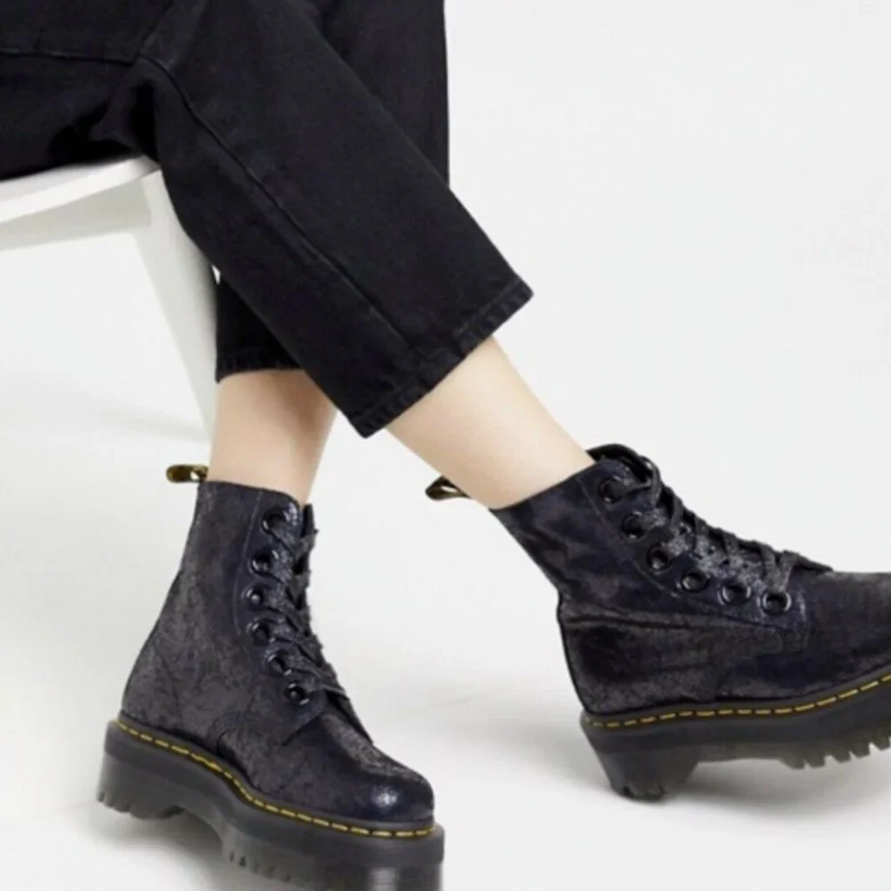 Dr. Martens MOLLY Black Crackle Suede Platform Women 6-Eye Boots Great Reviews