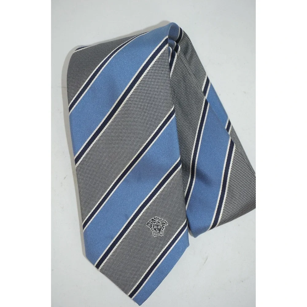 Versace Tie Mens One Size Blue Striped 100% Silk Medusa Logo Made In Italy