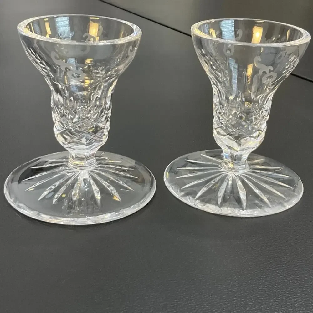 Set of 2 Candle Holders Etched Cut Glass Starburst Base Vintage
