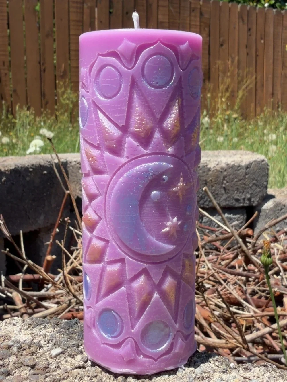 Handcrafted Pink Moon & Stars Decorative Pillar Candle