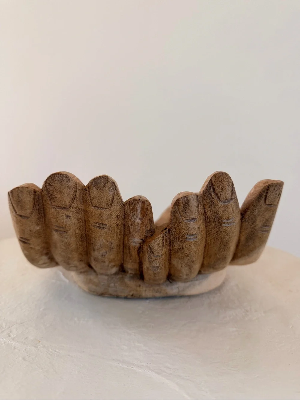 CARVED SUAR WOOD CUPPED/BEGGING‎ HANDS OFFERING SCULPTURE BOWL RUSTIC JAPANDI