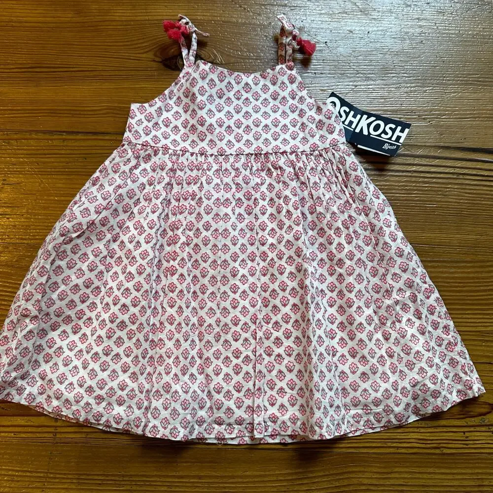 NWT OshKosh B'gosh white pink floral sleeveless‎ tassel dress SIZE 18M