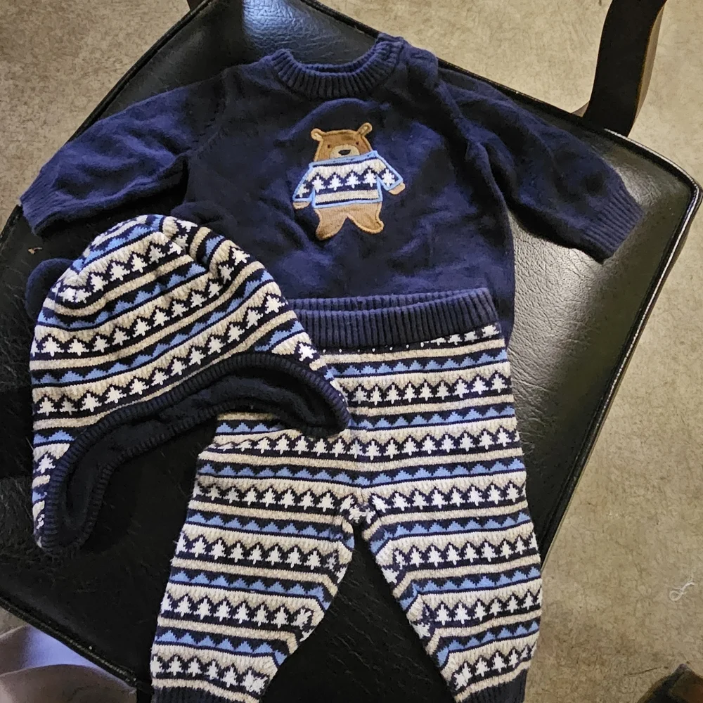 Gymboree 0-3 Mos Knit Matching Set Outfit Cubs &‎ Hugs Sweater Hat Pants Holiday