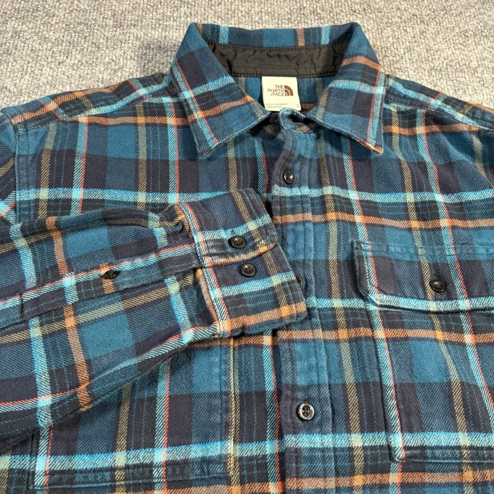 The North Face Flannel Shirt Mens M Blue Orange‎ Plaid Lined Collar